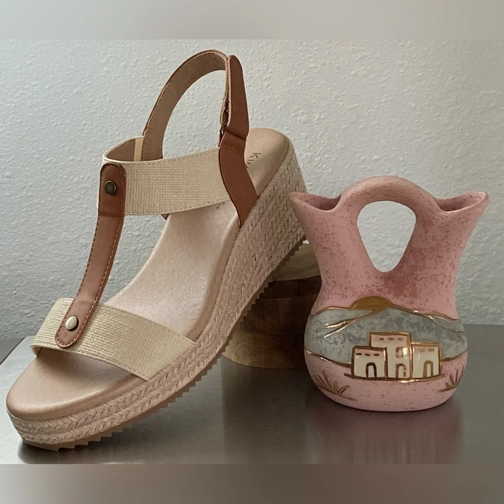 NEW…KIM ROGERS TAN AND CREAM ESPADRILLE WEDGE SANDALS 9